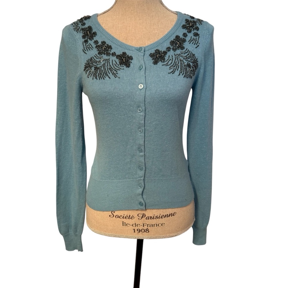 KNITTED & KNOTTED SWEATER CARDIGAN BLUE FLORAL BEADING BLACK SHORT STYLE SIZE S